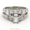 Princess Cut Diamond Bridal Set with Round and Baguette Diamond Accents and Matching Band in 14k White Gold - Thumbnail 1
