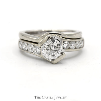 Tension Set Diamond Solitaire Bridal Set with Channel Set Diamond Accents in 14k White Gold