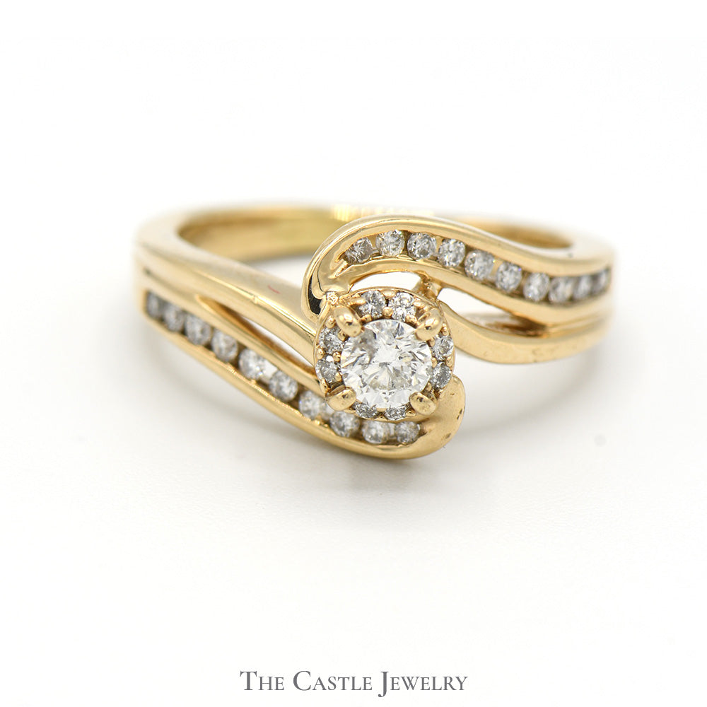 Round Diamond Engagement Ring with Diamond Halo and Accents in Swirled 10k Yellow Gold Setting