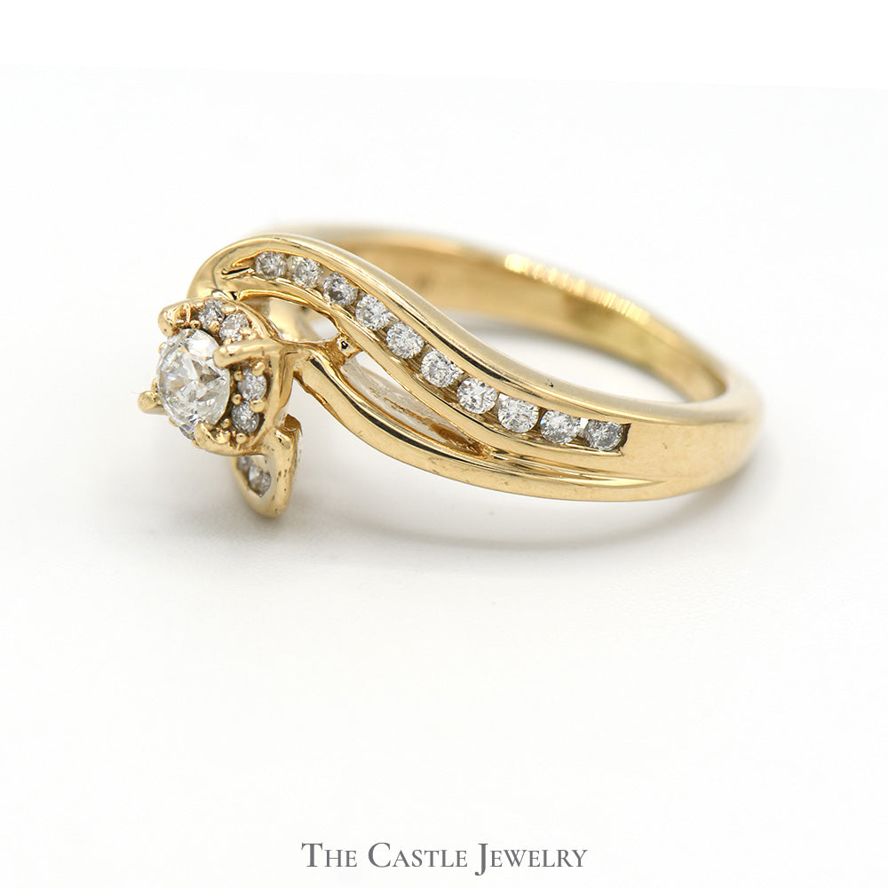 Round Diamond Engagement Ring with Diamond Halo and Accents in Swirled 10k Yellow Gold Setting