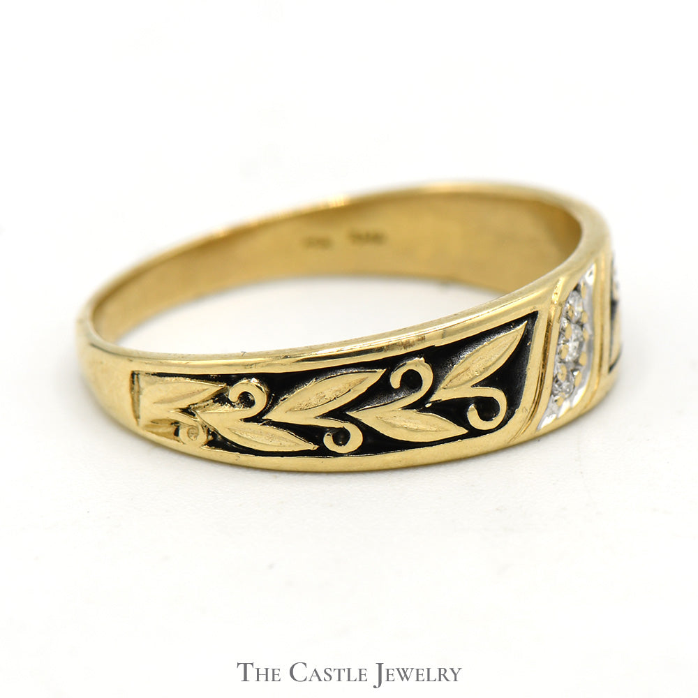 Triple Diamond Band with Leaf and Black Enamel Design in 14k Yellow Gold