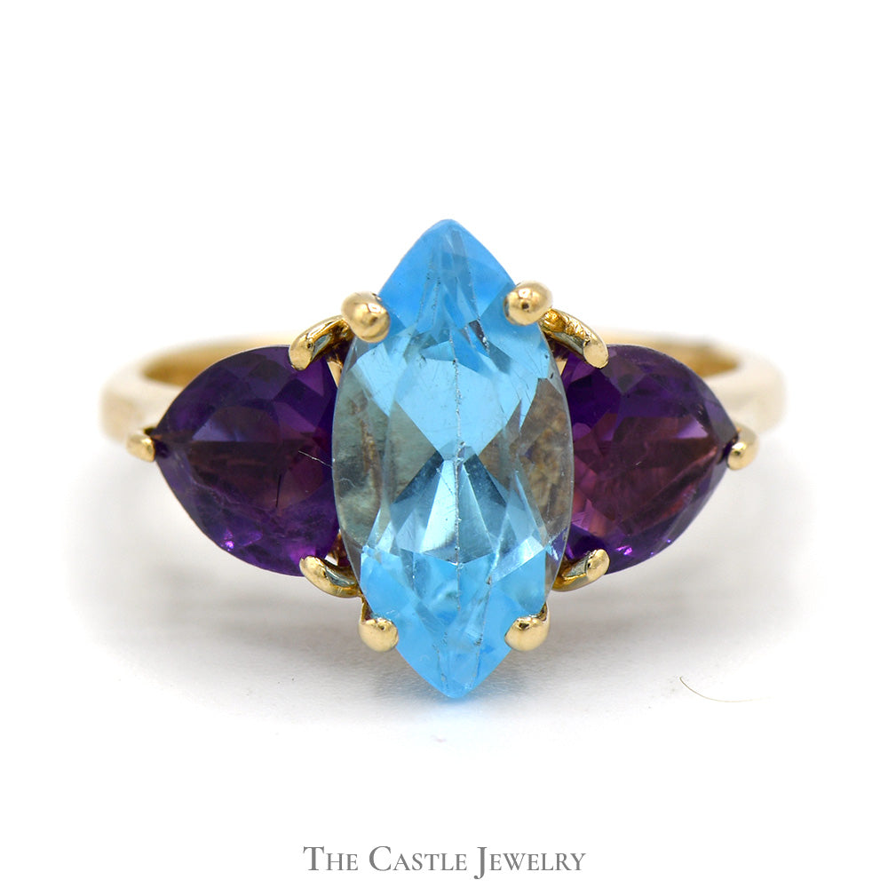 Marquise Shaped Blue Topaz Ring with Trillion Cut Amethyst Accents in 14k Yellow Gold