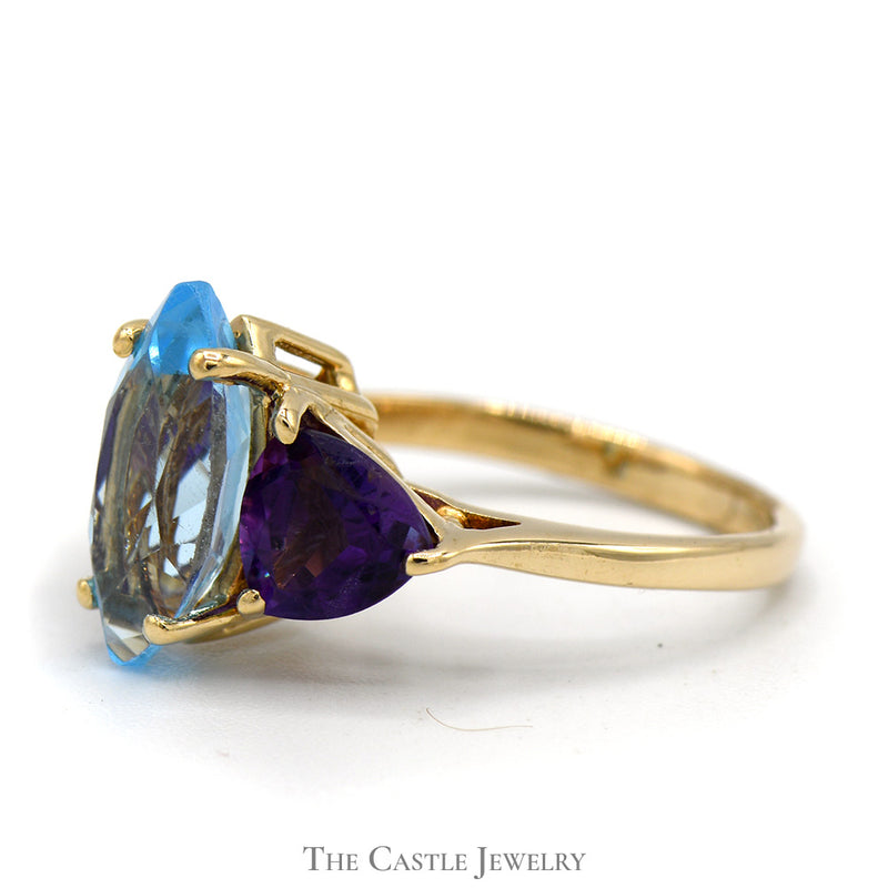 Marquise Shaped Blue Topaz Ring with Trillion Cut Amethyst Accents in 14k Yellow Gold