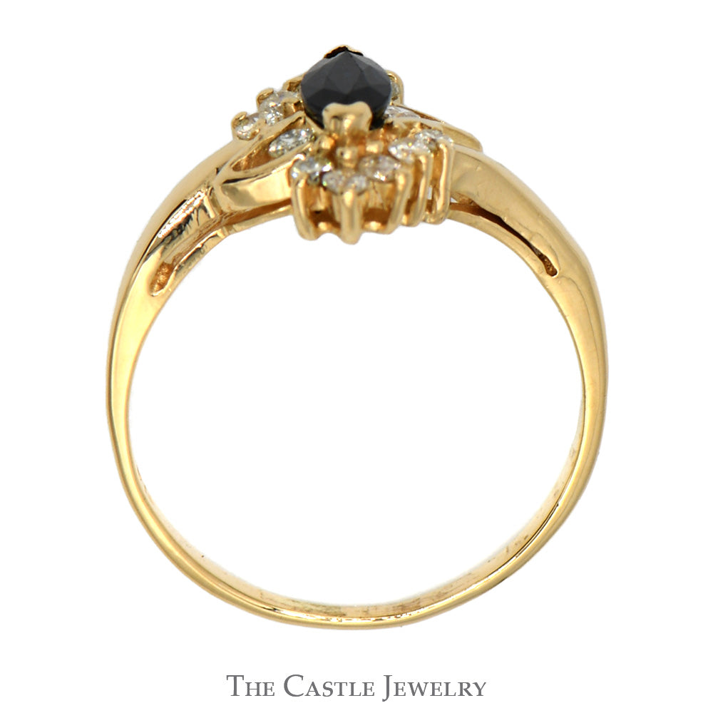 Marquise Cut Sapphire Ring with Diamond Accents in 14k Yellow Gold Bypass Mounting