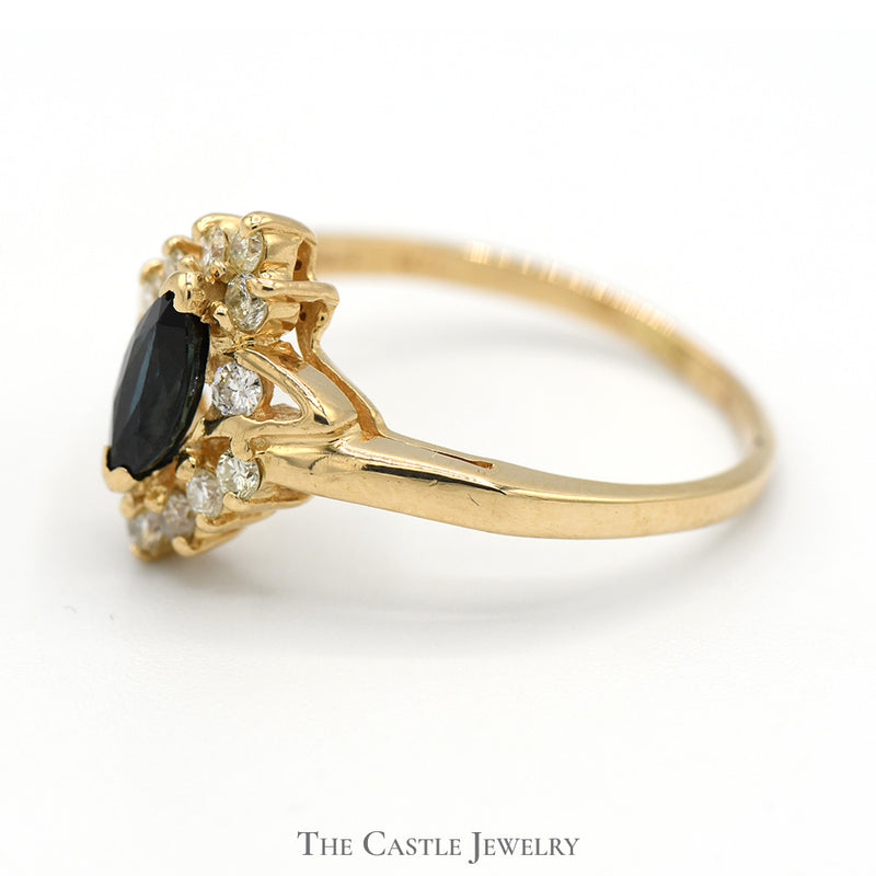 Marquise Cut Sapphire Ring with Diamond Accents in 14k Yellow Gold Bypass Mounting