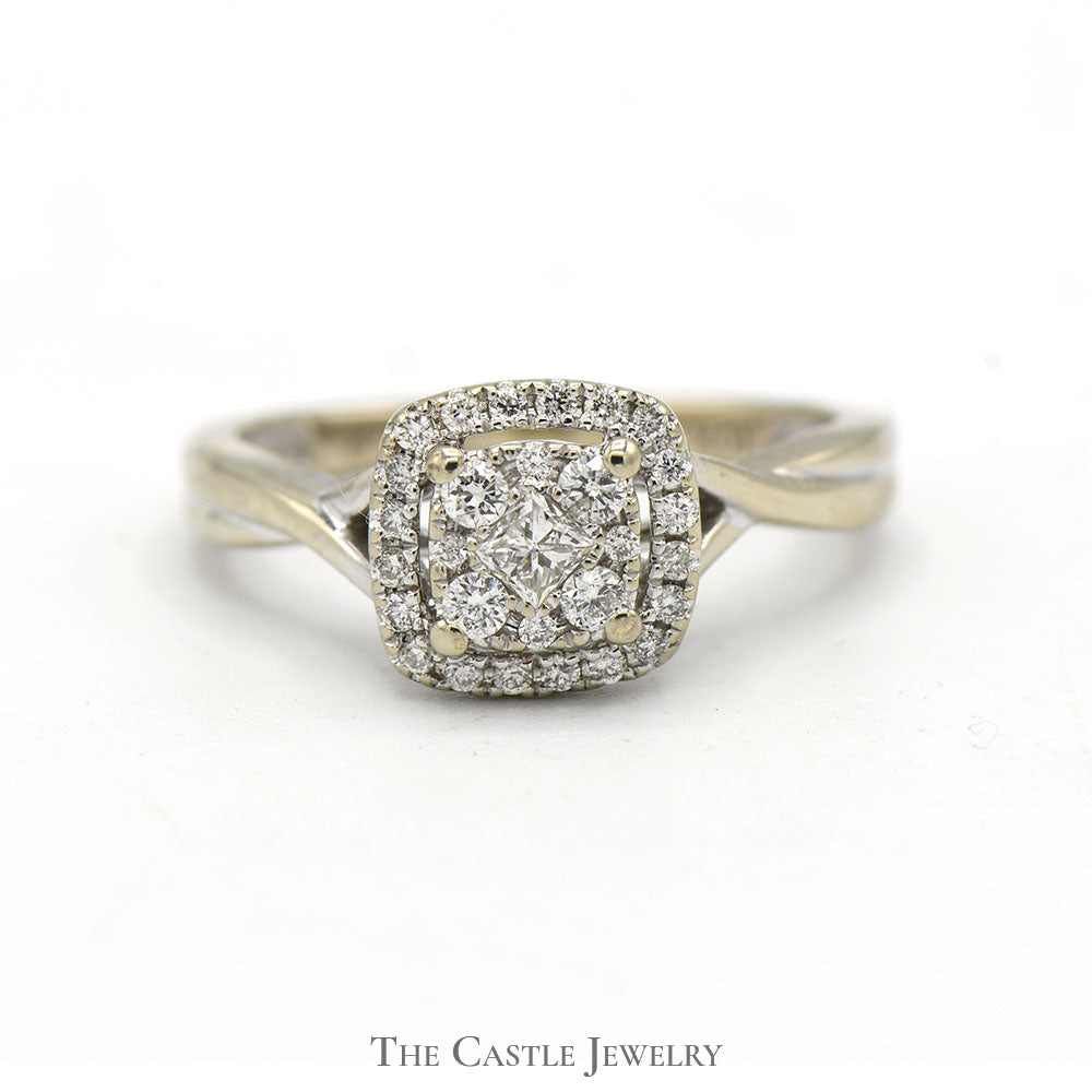1/2cttw Diamond Cluster Engagement Ring with Diamond Halo in 10k White Gold with Twisted Sides