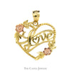 10k Two Tone Yellow Gold Heart Shaped "Love" Pendant with Rose Gold Flower Accents - Thumbnail 1