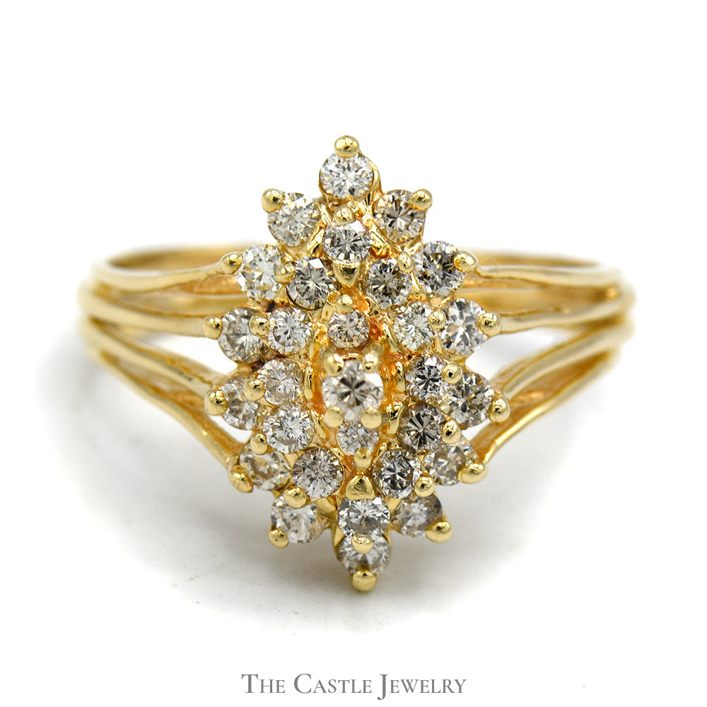 Marquise Shaped 1cttw Diamond Cluster Ring in 14k Yellow Gold Split Shank Setting