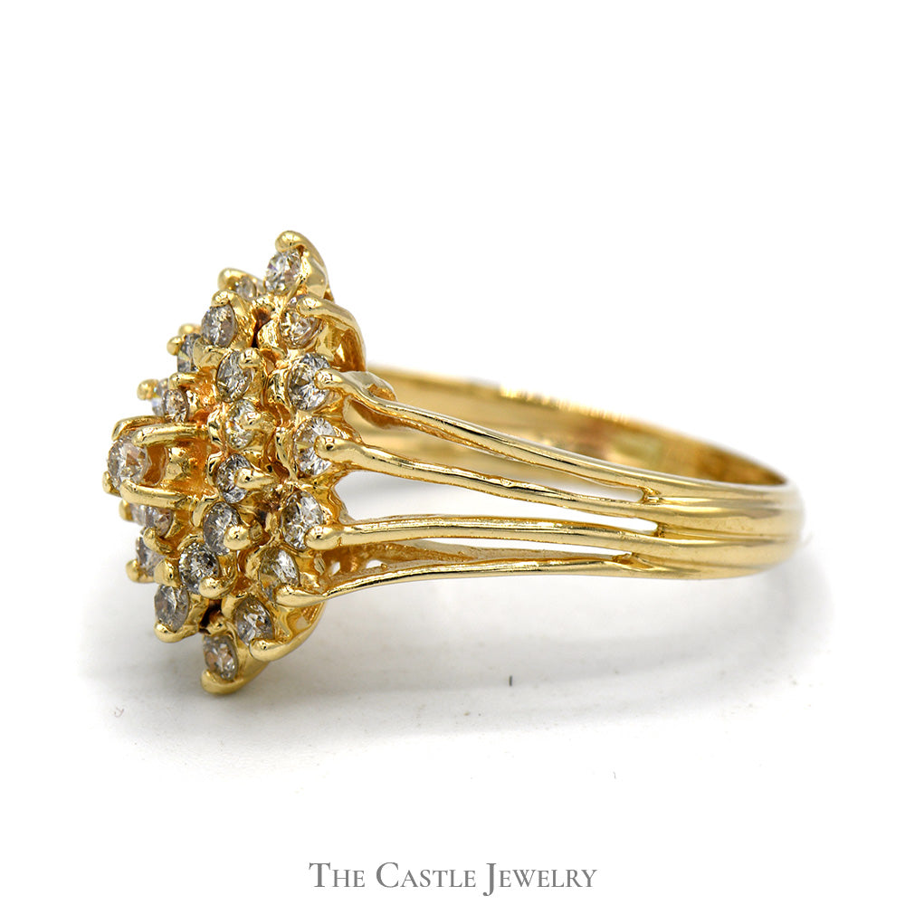 Marquise Shaped 1cttw Diamond Cluster Ring in 14k Yellow Gold Split Shank Setting