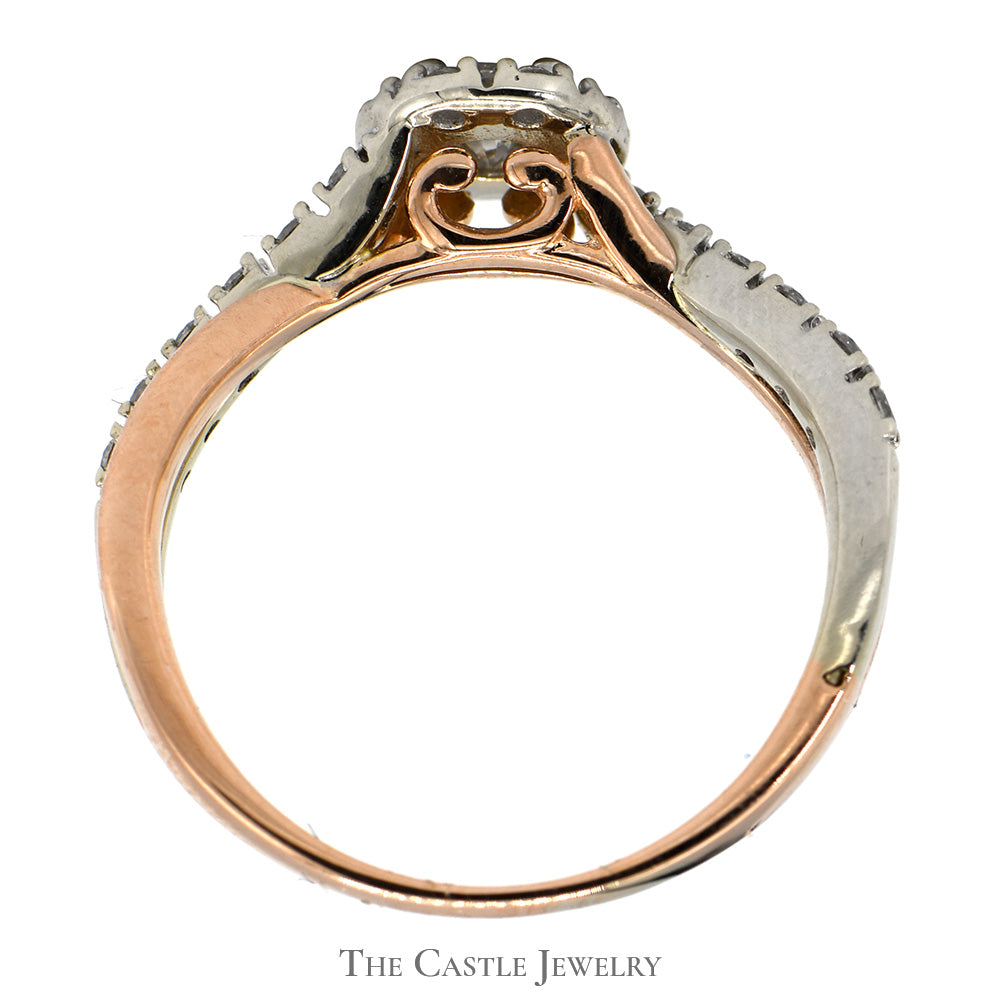 1/2cttw Diamond Ring with Halo and Accents in 10k Two Tone Rose and White Gold Twisted Setting