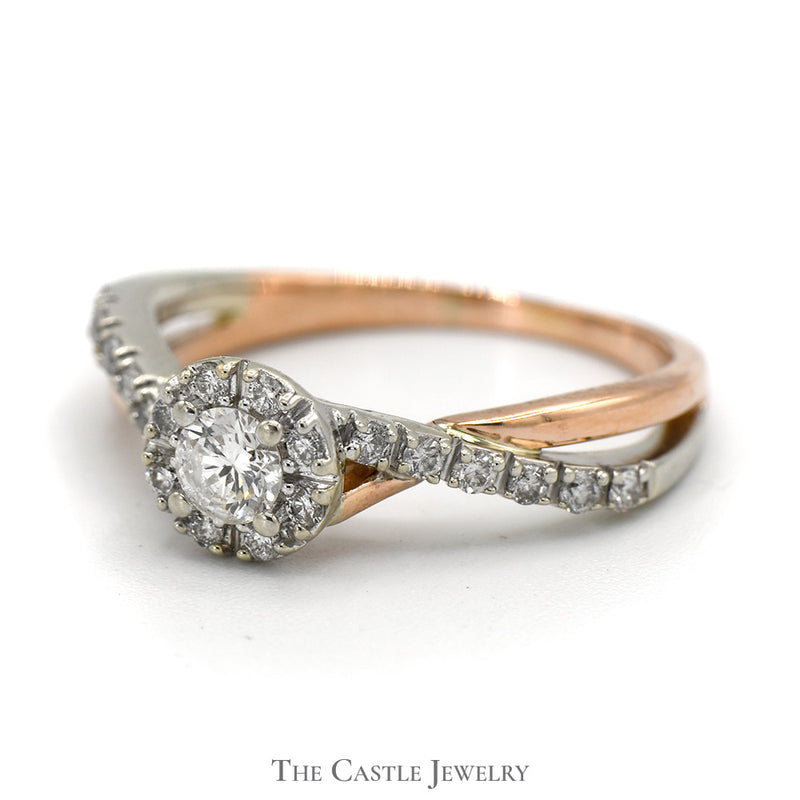 1/2cttw Diamond Ring with Halo and Accents in 10k Two Tone Rose and White Gold Twisted Setting