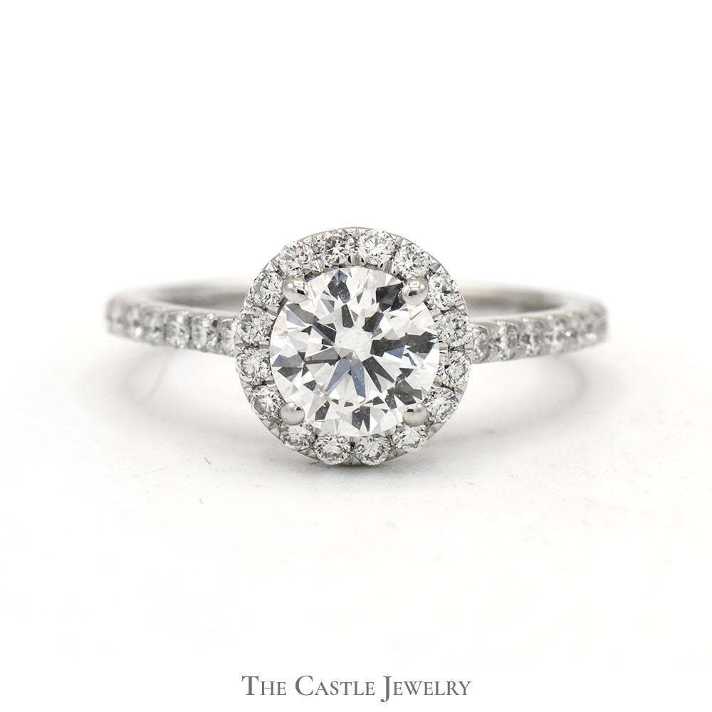 1.35cttw Lab Grown Round Diamond Engagement Ring with Halo and Accented Sides in 14k White Gold