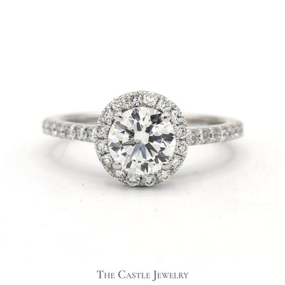 1.35cttw Lab Grown Round Diamond Engagement Ring with Halo and Accented Sides in 14k White Gold