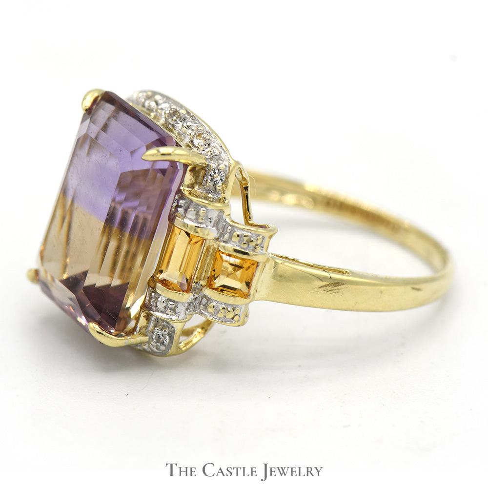 Emerald Cut Ametrine Ring with Diamond and White Topaz Accents in 10k Yellow Gold
