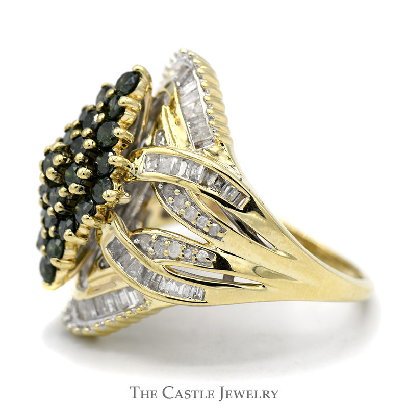 Marquise Shaped Green Diamond Cluster Ring with Baguette and Round Diamond Accents in 10k Yellow Gold