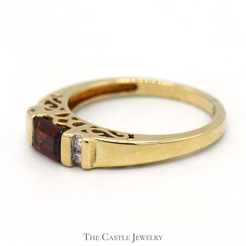 Side Set Emerald Cut Garnet Ring with Channel Set Diamond Accents in 14k Yellow Gold