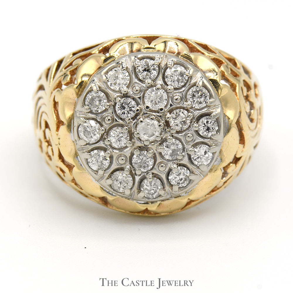 3/4cttw Kentucky Diamond Cluster Ring in 10k Yellow Gold Filigree Mounting