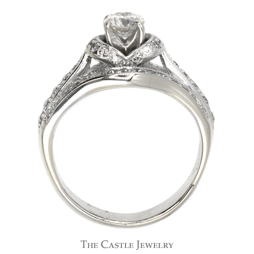 Round Diamond Solitaire Bridal Set with Diamond Accents and Matching Curved Band in 14k White Gold