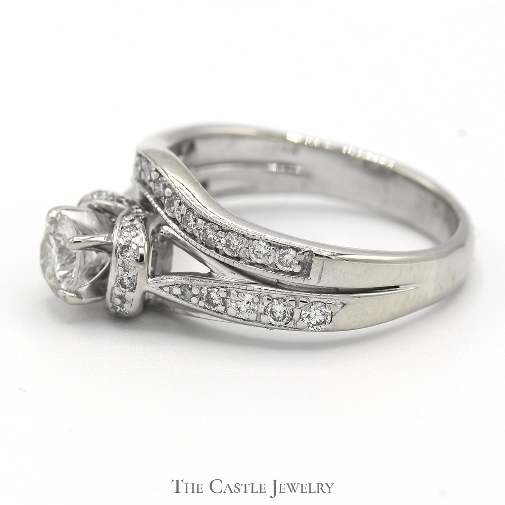 Round Diamond Solitaire Bridal Set with Diamond Accents and Matching Curved Band in 14k White Gold