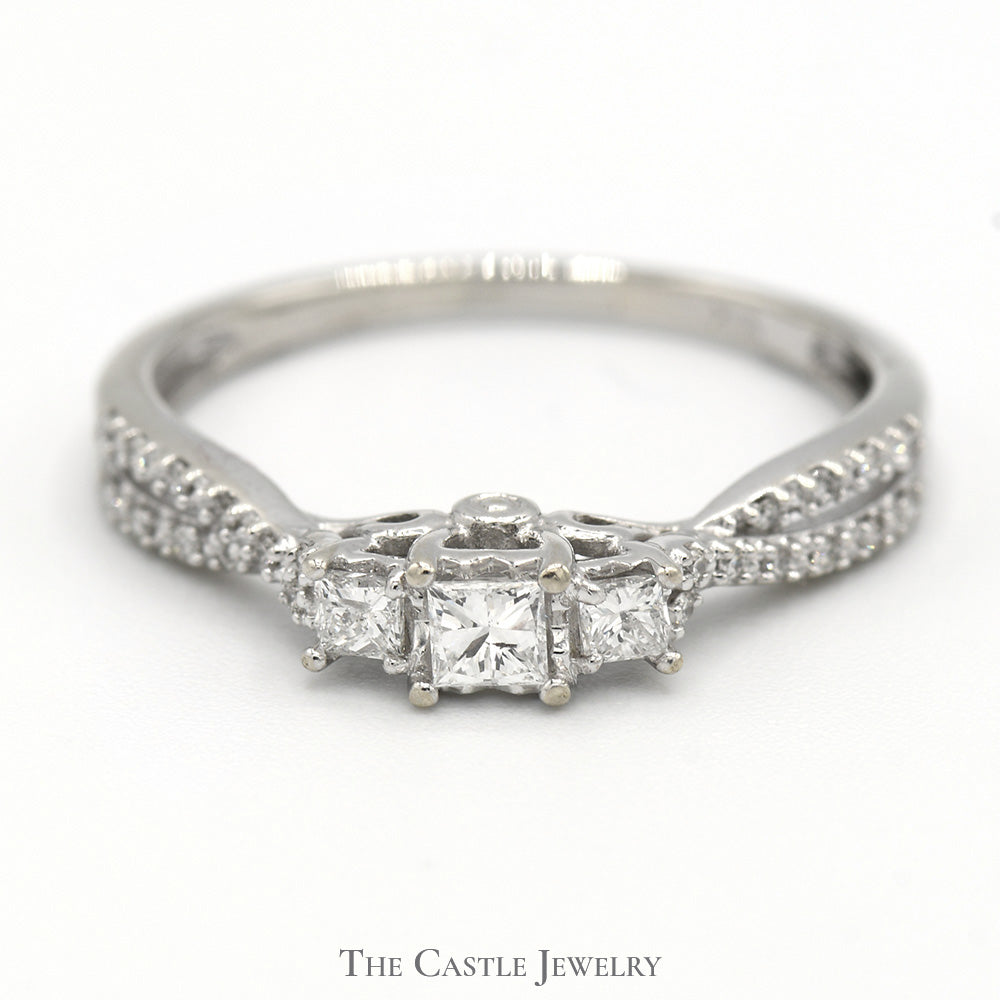 1/3cttw Princess Cut Diamond Three Stone Engagement Ring with Diamond Accents in 10k White Gold