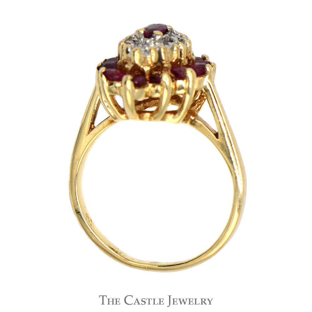 Marquise Shaped Diamond & Ruby Cluster Ring in 10k Yellow Gold