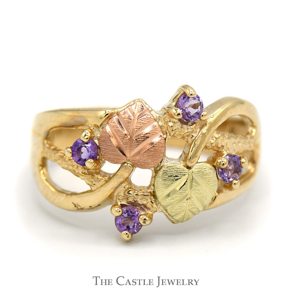 Two Tone Leaf Designed Ring with Amethyst Accents in 10k Yellow and Rose Gold