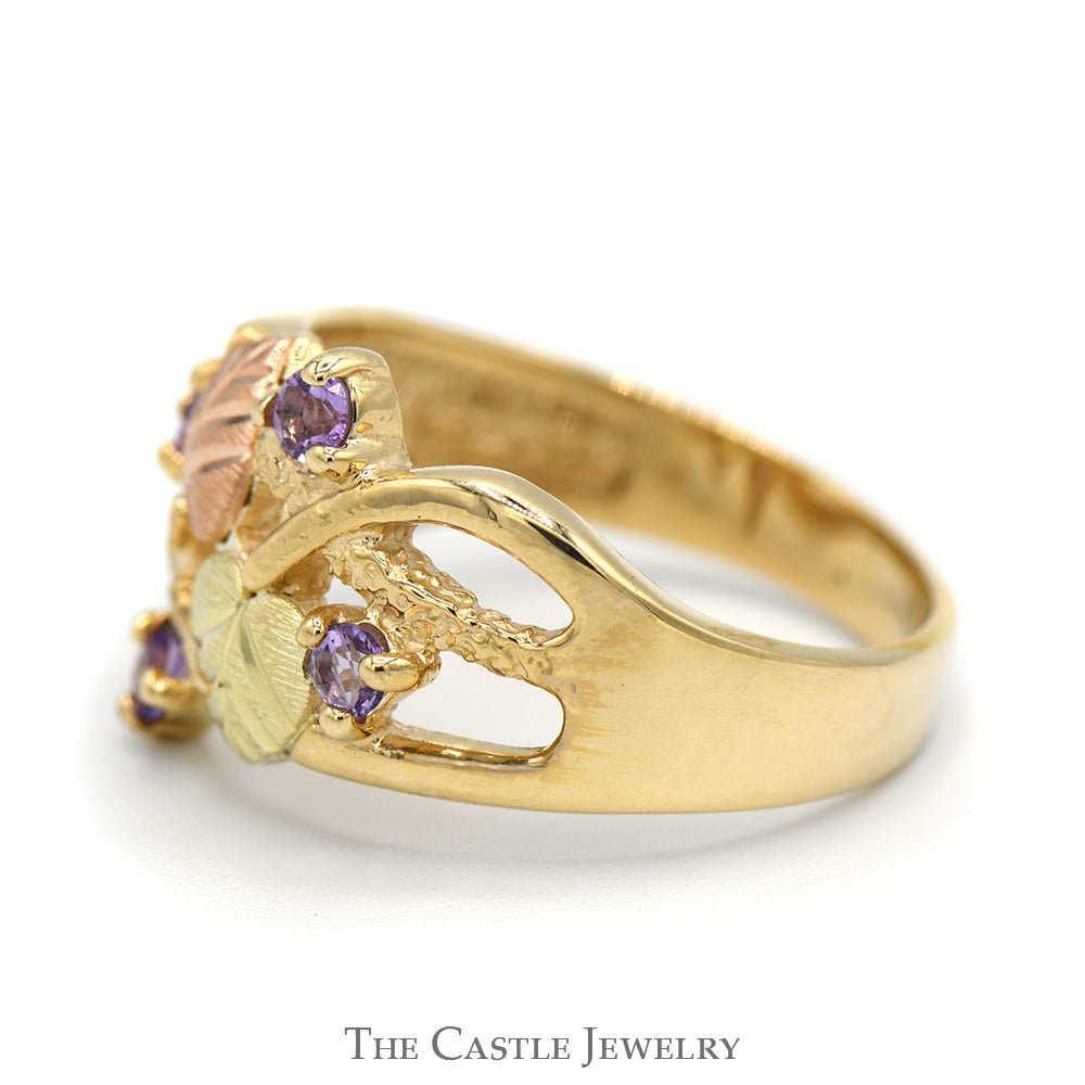 Two Tone Leaf Designed Ring with Amethyst Accents in 10k Yellow and Rose Gold