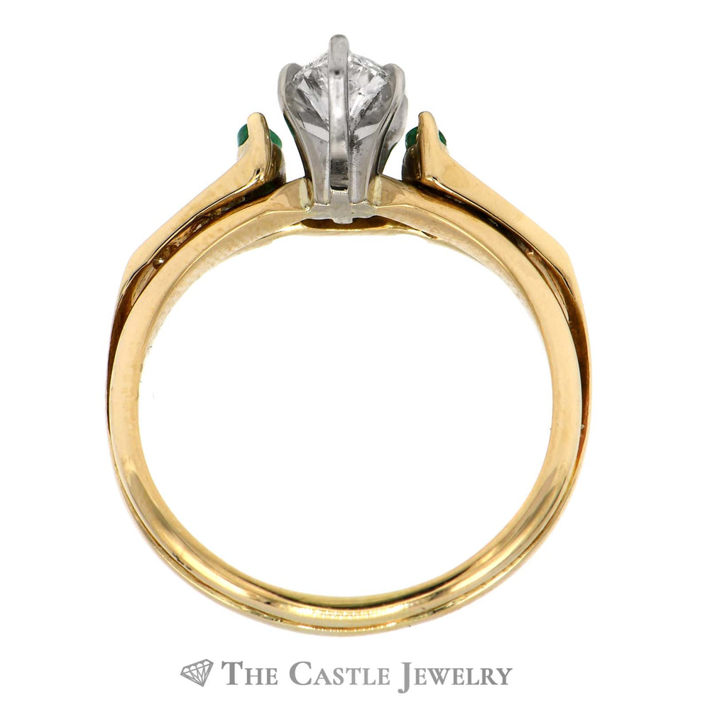 Three Stone Marquise Shaped Diamond and Emerald Engagement Ring and Soldered Wrap Bridal Set in 14k Yellow Gold