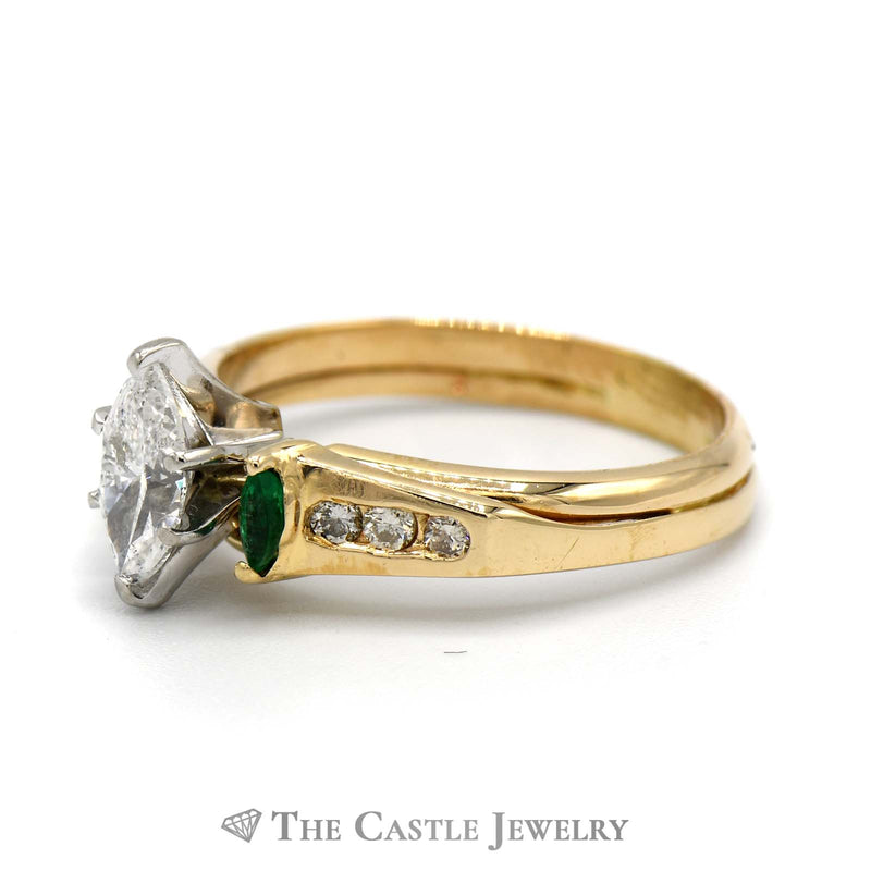 Three Stone Marquise Shaped Diamond and Emerald Engagement Ring and Soldered Wrap Bridal Set in 14k Yellow Gold