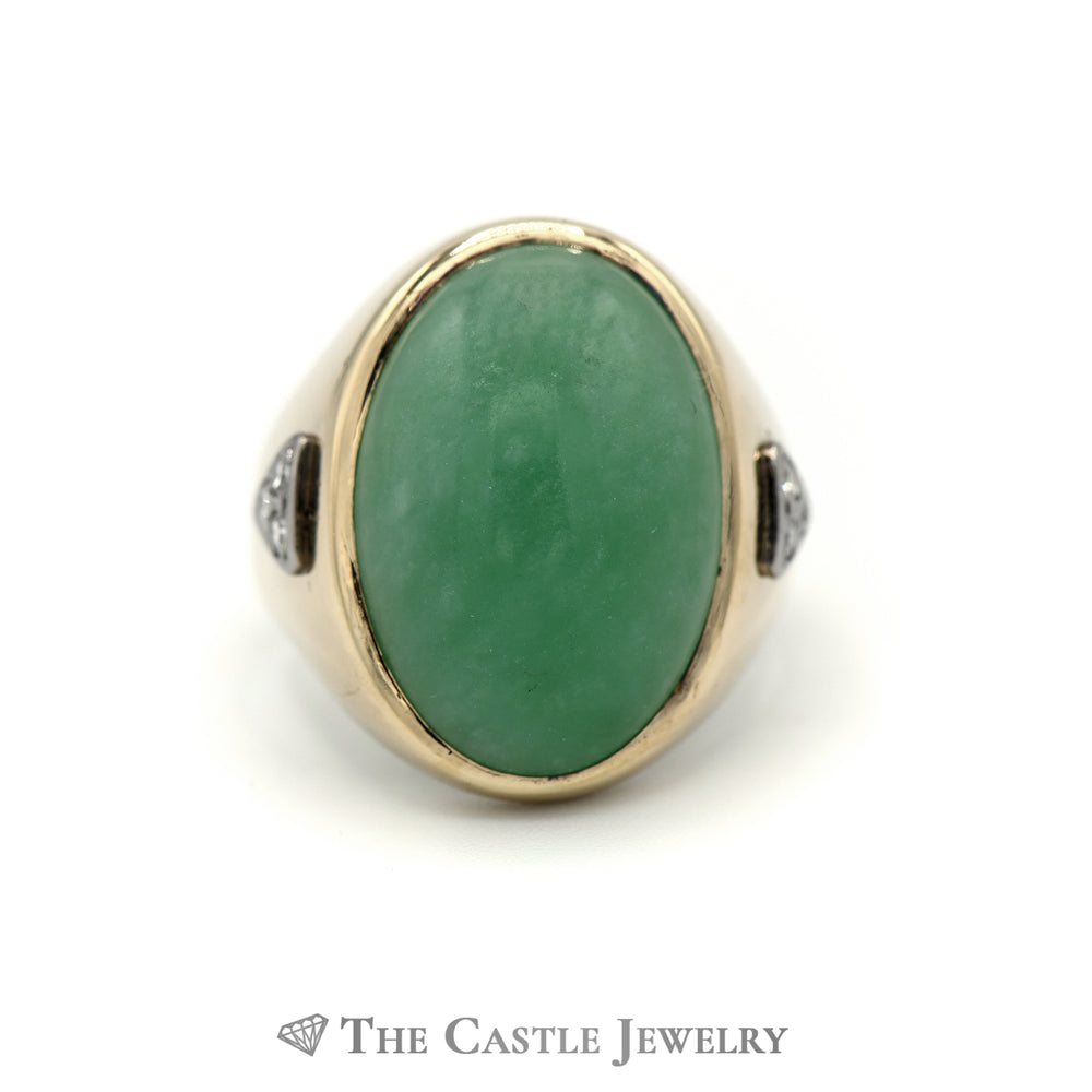 Oval Cabochon Jade Ring with Diamond Accents in 14k Yellow Gold
