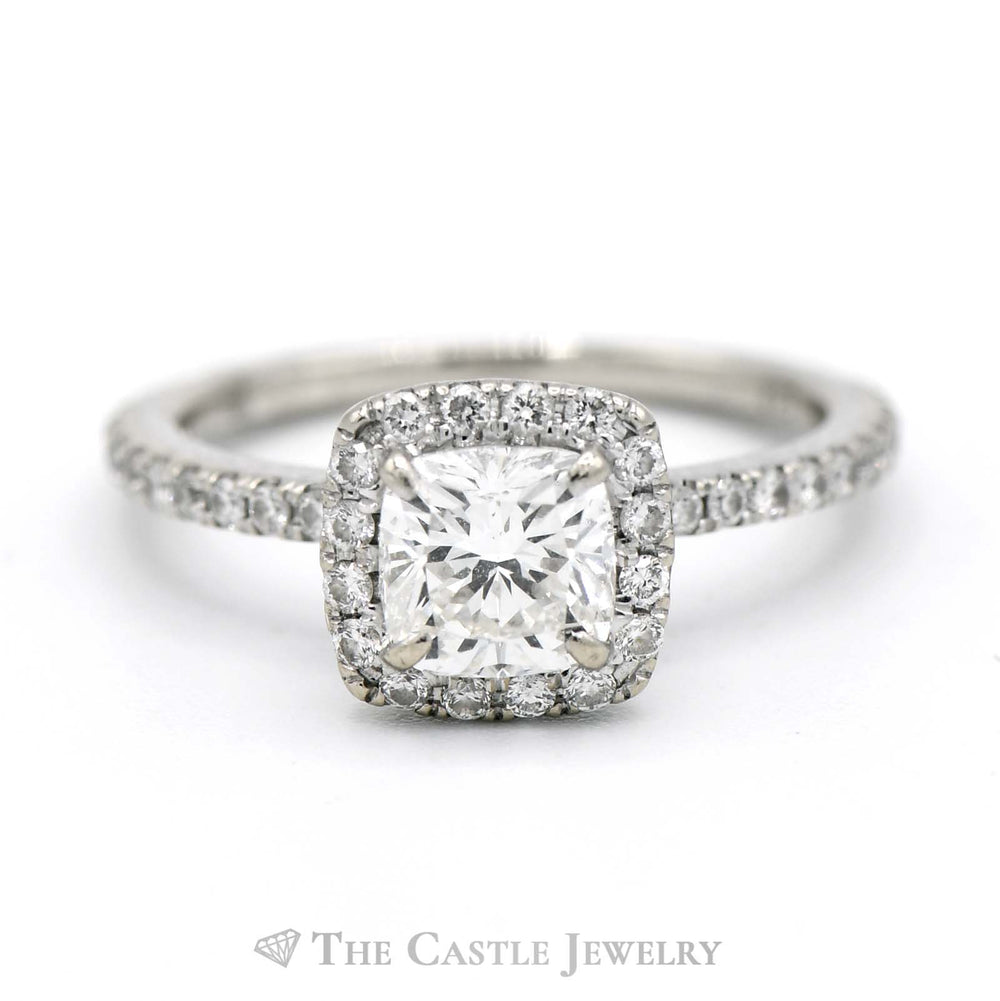 1.5cttw Cushion Cut Diamond Engagement Ring with Diamond Halo and Accents in 18k White Gold