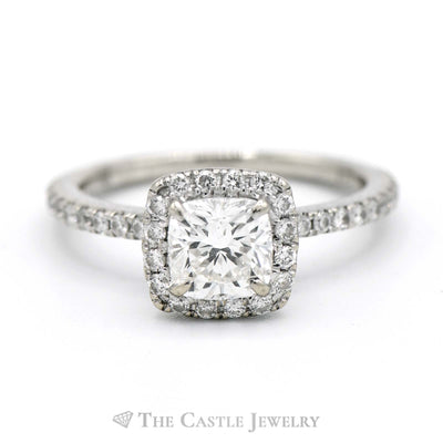 1.5cttw Cushion Cut Diamond Engagement Ring with Diamond Halo and Accents in 18k White Gold