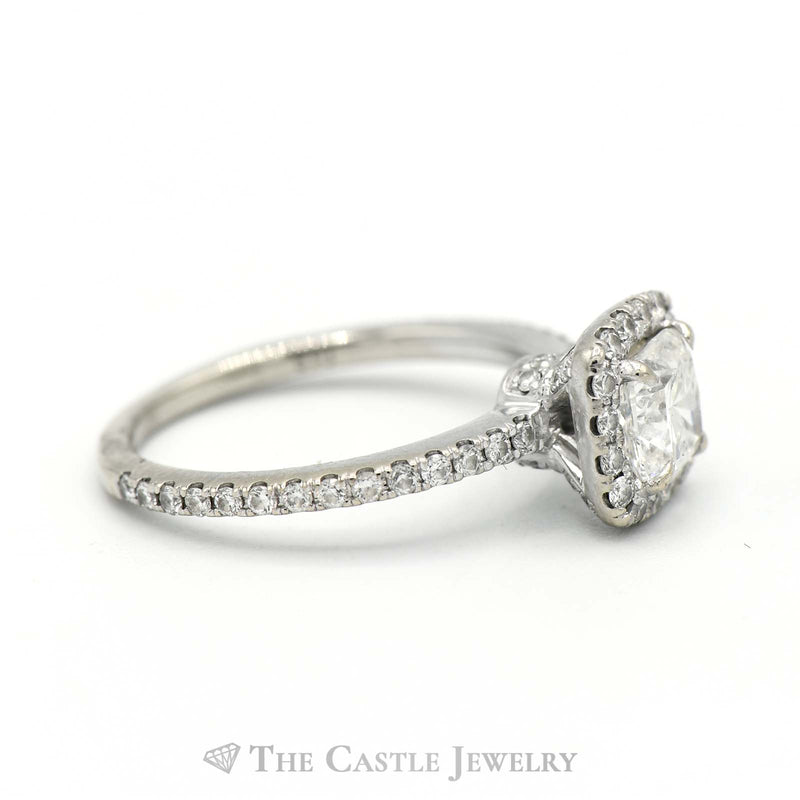 1.5cttw Cushion Cut Diamond Engagement Ring with Diamond Halo and Accents in 18k White Gold