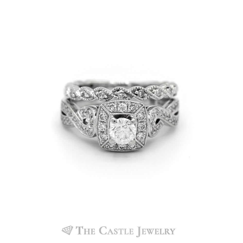 Round Diamond Bridal Set with Diamond Halo and Soldered Twisted Matching Band in 14k White Gold
