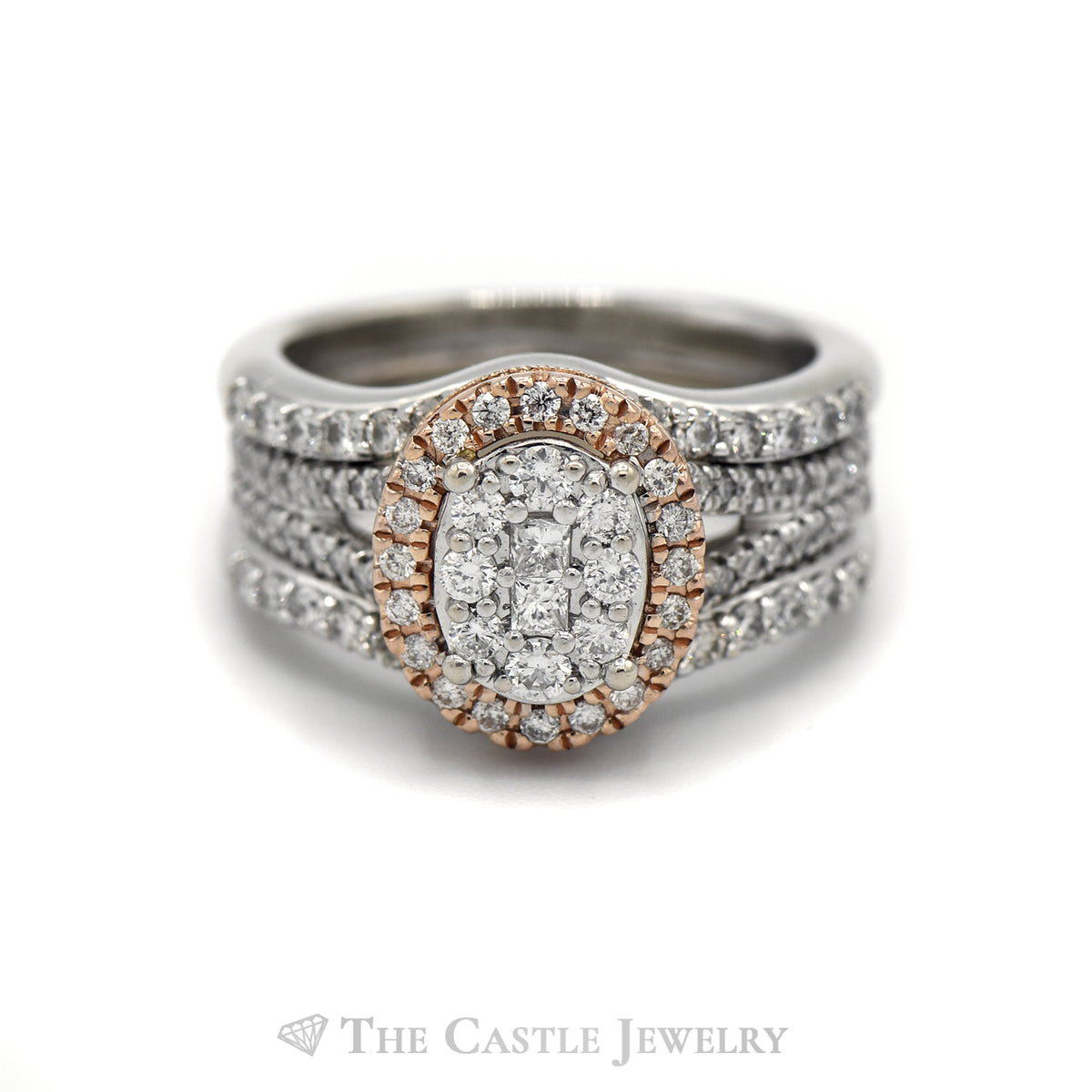 Oval Shaped Diamond Cluster Bridal Set with Diamond Halo and Accents in 14k Two-Tone Gold