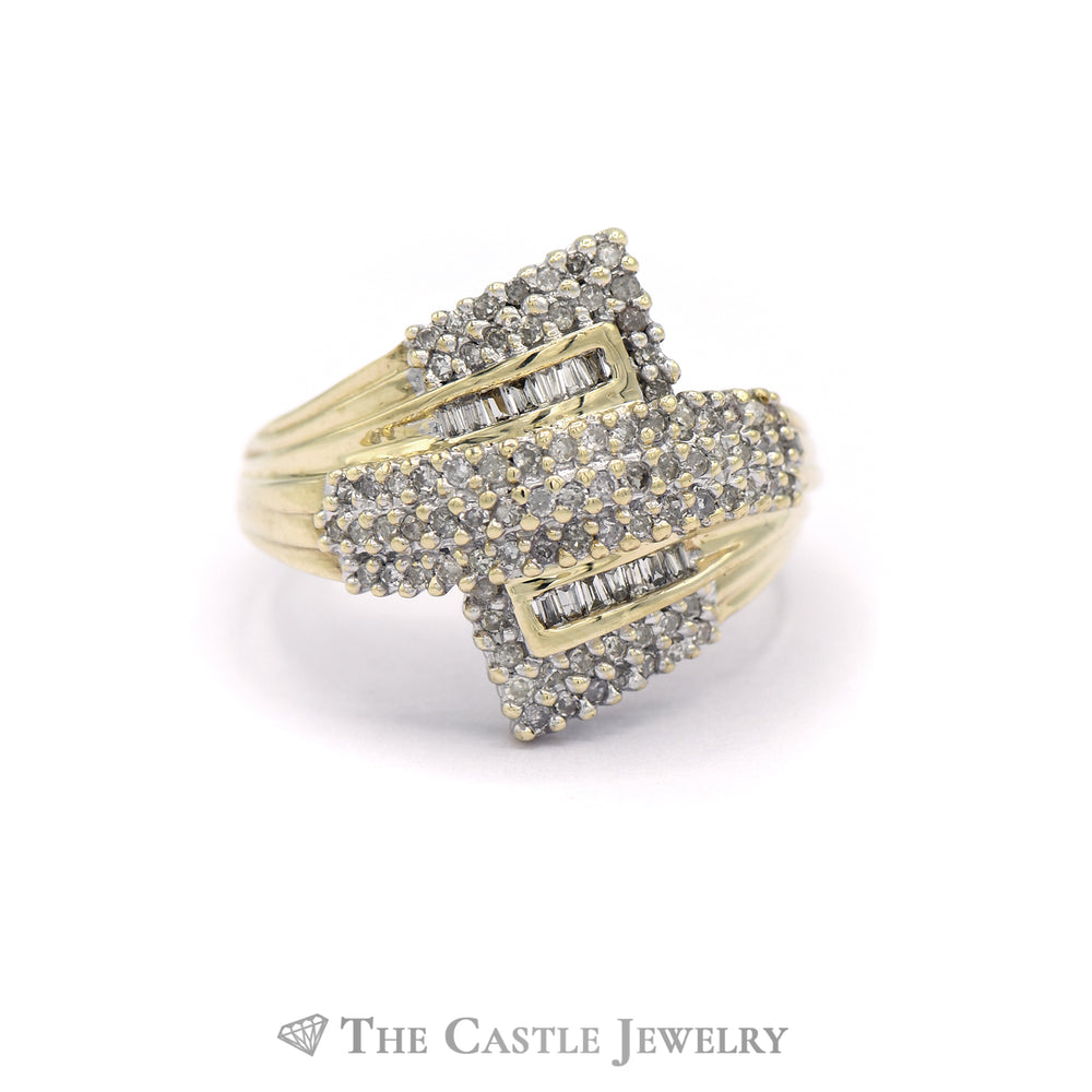 .50CTTW Bypass Cluster Ring with Round and Baguette Diamonds in 10KT Yellow Gold