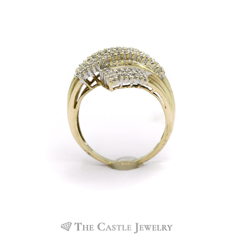 .50CTTW Bypass Cluster Ring with Round and Baguette Diamonds in 10KT Yellow Gold