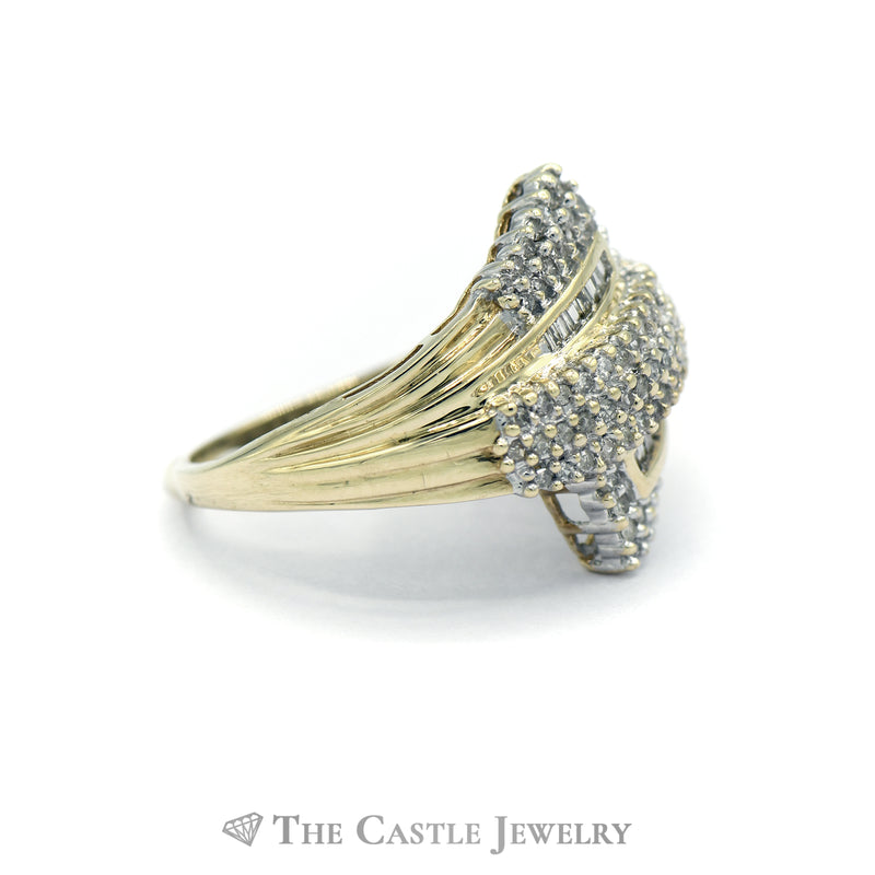 .50CTTW Bypass Cluster Ring with Round and Baguette Diamonds in 10KT Yellow Gold