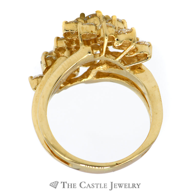 2cttw VS2 Diamond Waterfall Cluster Ring in 14k Yellow Gold Split Shank Bypass Mounting