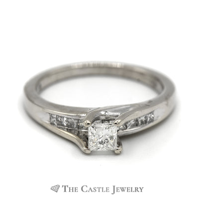 Princess Cut Diamond Engagement Ring with Channel Set Diamond Accentes in 14k White Gold Bridged Mounting