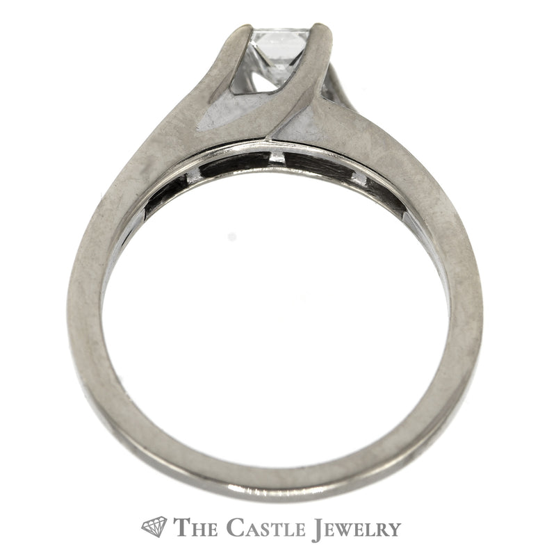 Princess Cut Diamond Engagement Ring with Channel Set Diamond Accentes in 14k White Gold Bridged Mounting