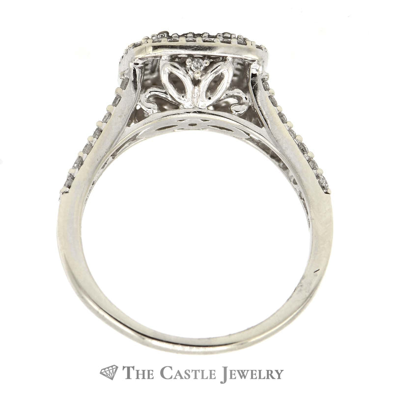 1cttw Square Diamond Cluster Engagement Ring with Double Halo and Accents in 14k White Gold