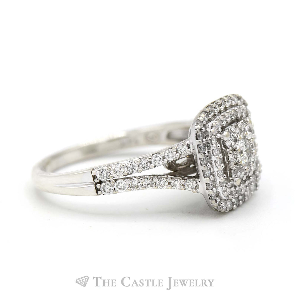 1cttw Square Diamond Cluster Engagement Ring with Double Halo and Accents in 14k White Gold