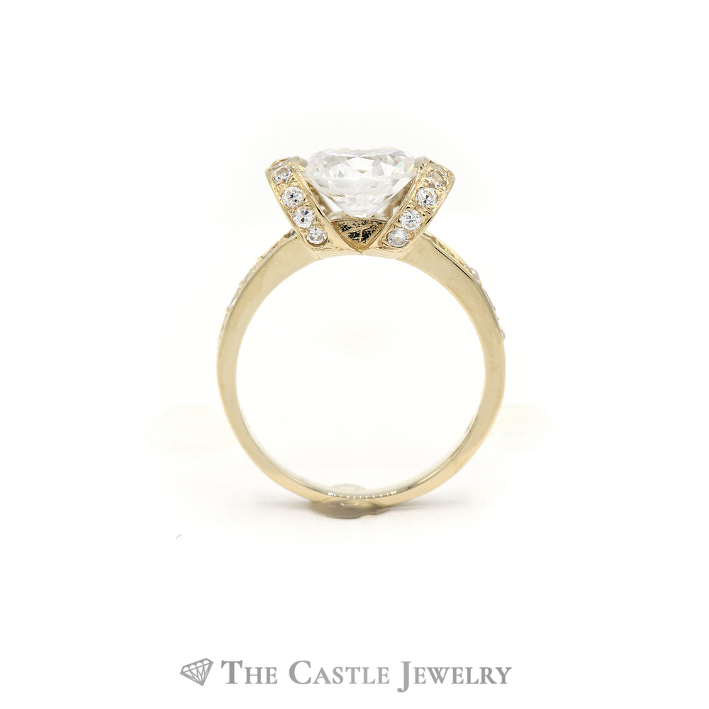 Round Cubic Zirconia Ring with Vertical and Horizontal CZ Accents in 14KT Yellow Gold