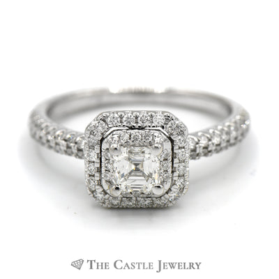 Asscher Cut Diamond Ring with Double Diamond Halo in 14k White Gold Cathedral Mounting