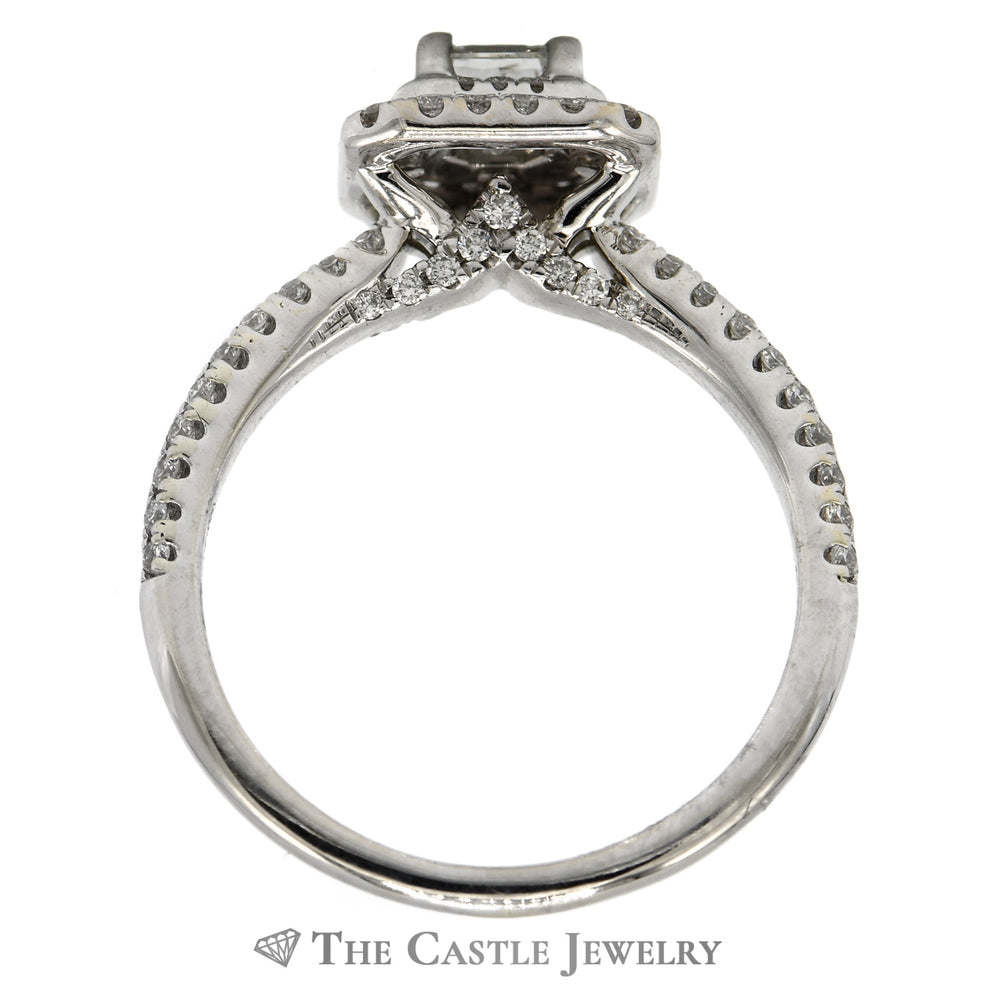 Asscher Cut Diamond Ring with Double Diamond Halo in 14k White Gold Cathedral Mounting