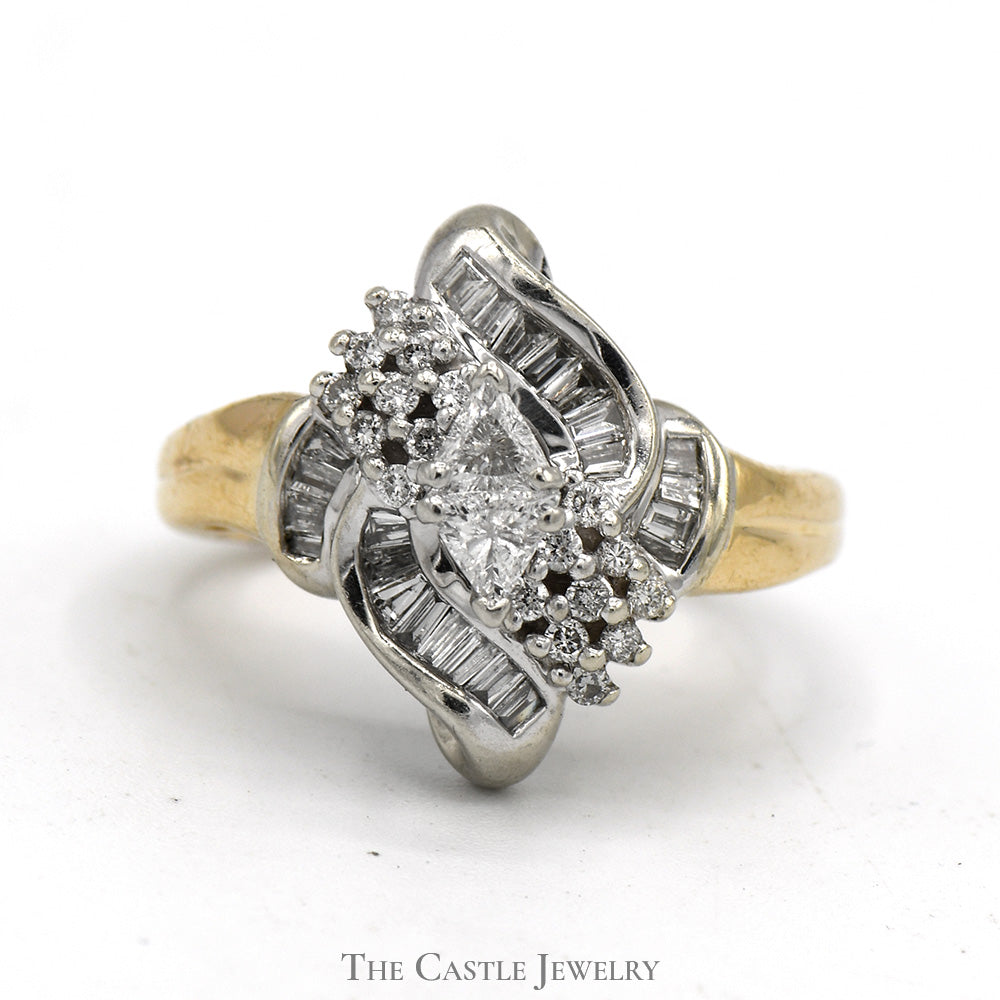 1cttw Trillion Cut Diamond Cluster Ring with Baguette and Round Diamond Accents in 14k Yellow Gold