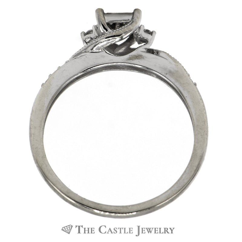 Invisiset Princess Cut Diamond Cluster Bridal Set with Round Diamond Accents and Matching Diamond Band in 10k White Gold