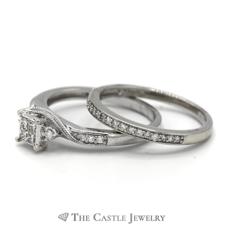 Invisiset Princess Cut Diamond Cluster Bridal Set with Round Diamond Accents and Matching Diamond Band in 10k White Gold