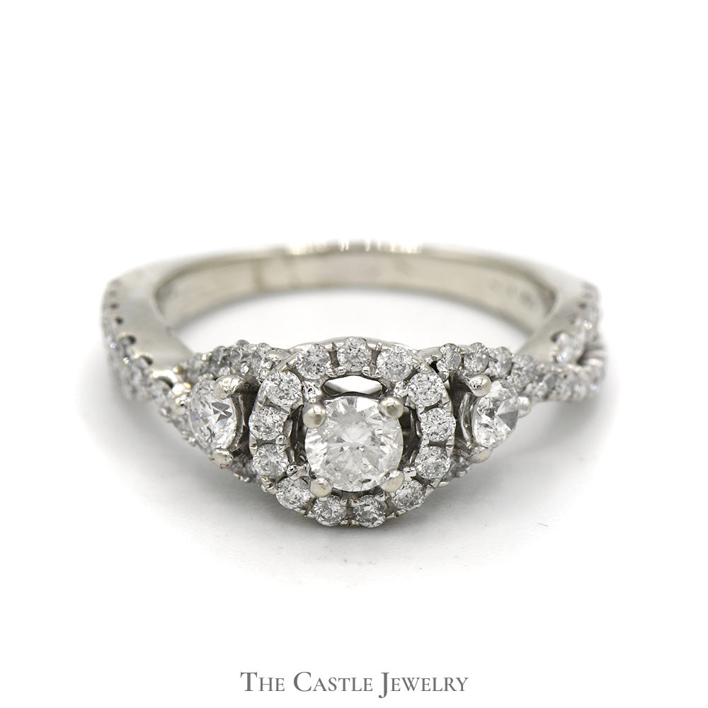 1cttw Round Diamond Engagement Ring with Diamond Halo and Accented Twisted Sides in 14k White Gold